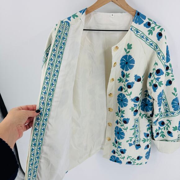 Floral Print Button Front Jacket Cream Blue Green Folk Art Style Size S - Picture 8 of 9